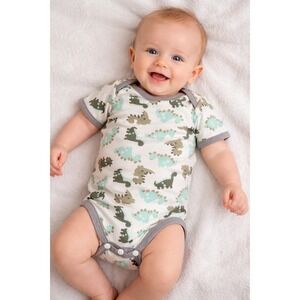 Baby 0-3M Dinosaur Print Short Sleeve Bodysuit White Green Grey Snaps Bottom
